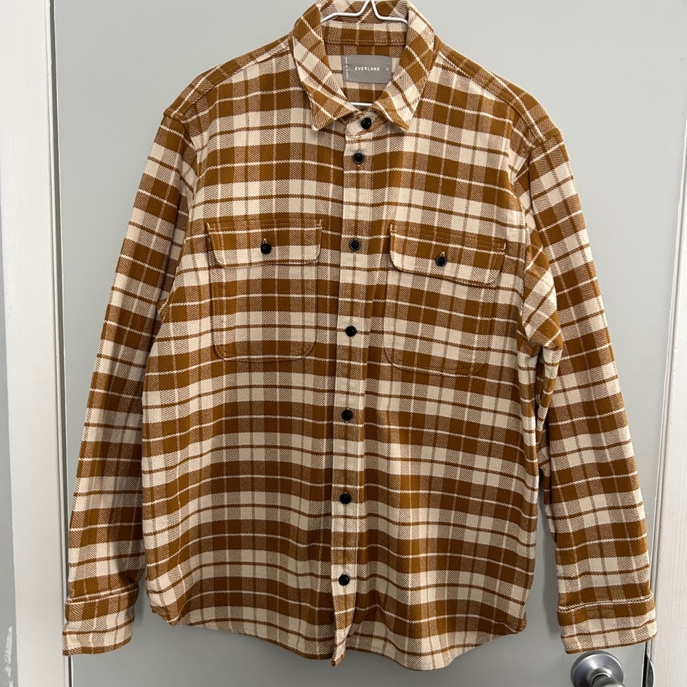 Everlane Lumberjack Style Heavyweight Overshirt Golden Brown Plaid Long Sleeve